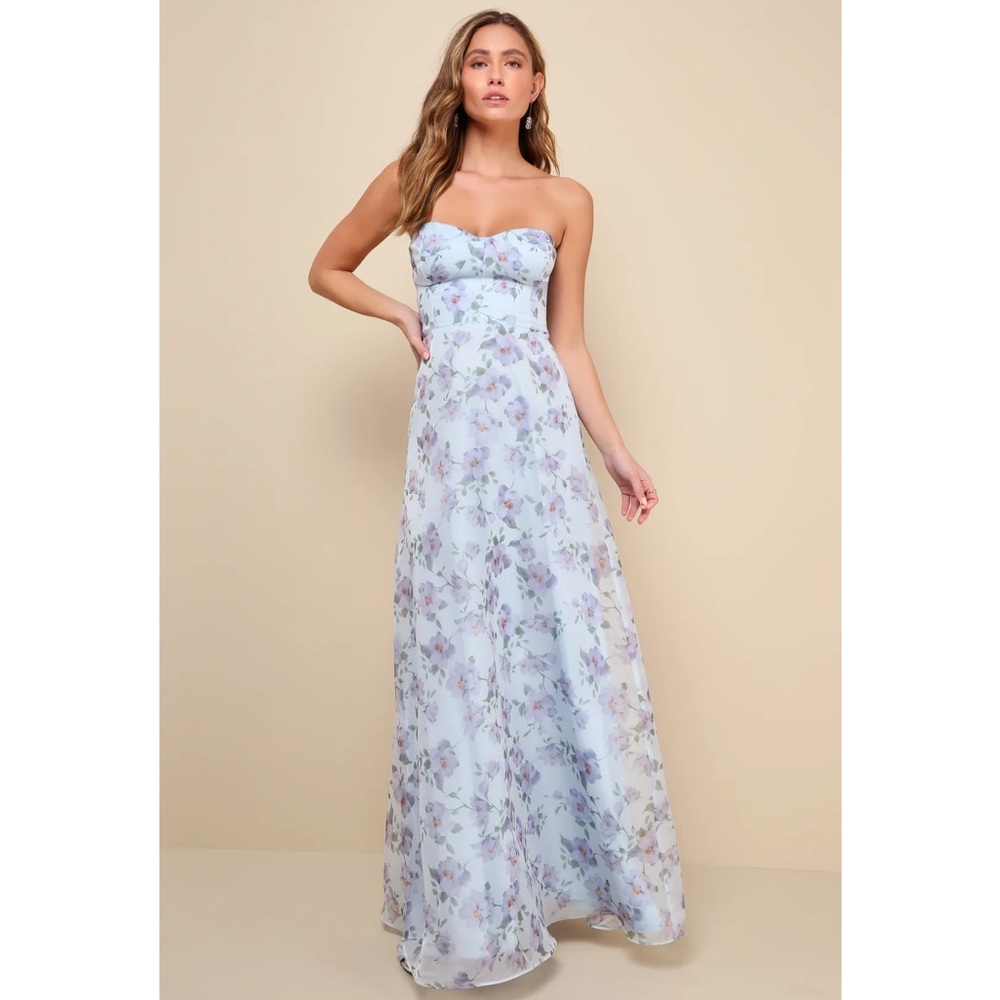 Lulus Chic Preciousness Light Blue Floral Organza Bustier Maxi Dress